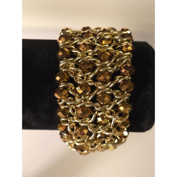 Gold & Bronze Beaded Chainmail Stretch Bracelet Multi-Strand Women's Elegant Jew - Picture 3 of 6